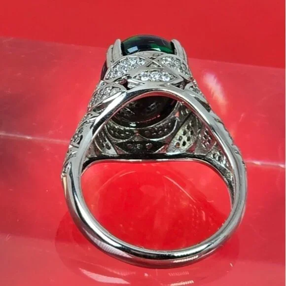 925 Sterling Silver Ring SZ 6.5 with Natural Black Opal & Cz